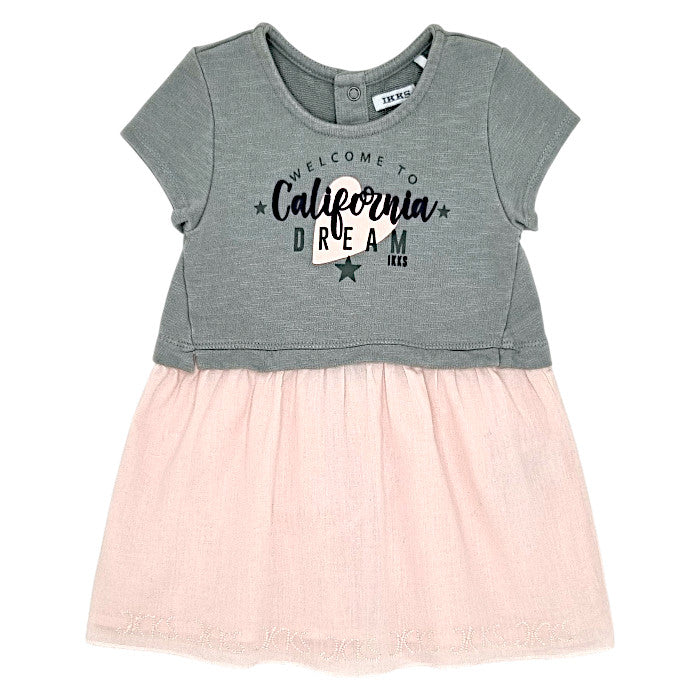 Robe bébé fille IKKS Junior, kaki/rose message imprimé, taille 12 mois, seconde main premium, vue de face