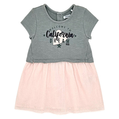 Robe bébé fille IKKS Junior, kaki/rose message imprimé, taille 12 mois, seconde main premium, vue de face