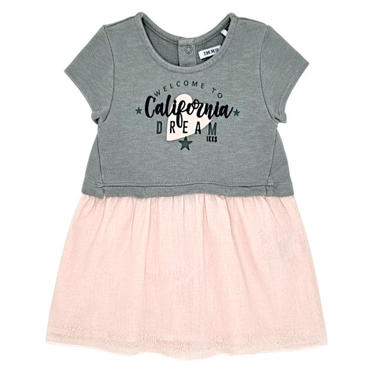 Robe bébé fille IKKS Junior, kaki/rose message imprimé, taille 12 mois, seconde main premium, vue de face