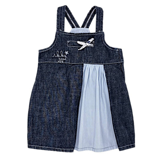 Robe en jean bleu, Ikks, fille 6 mois, vue de face, vêtement bébé tendance, mode seconde main en excellent état à petit prix