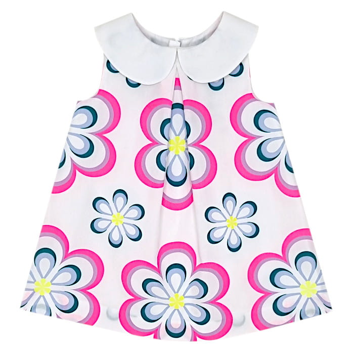 Robe blanche motif fleurs, marque Jacadi, bébé fille 12 mois, vue de face, vêtement de seconde main haut de gamme en excellent état