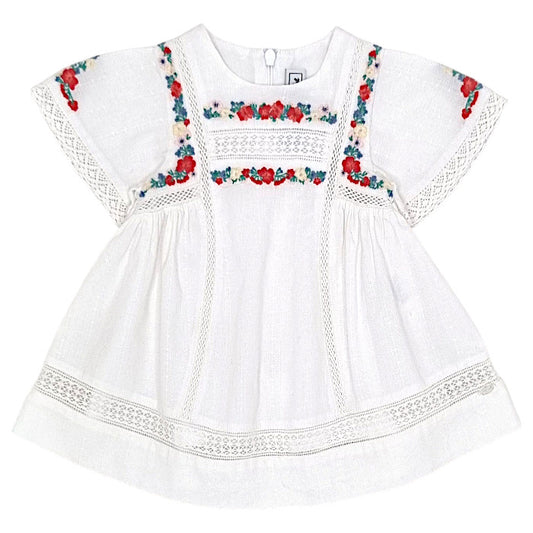Robe bébé fille Tartine et Chocolat, blanc broderies fleuries, taille 3 mois, seconde main haut de gamme, vue de face