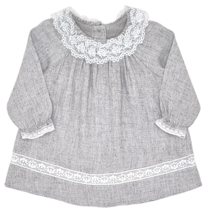 Robe bébé fille Tartine et Chocolat, gris à col dentelle, taille 3 mois, seconde main haut de gamme, vue de face