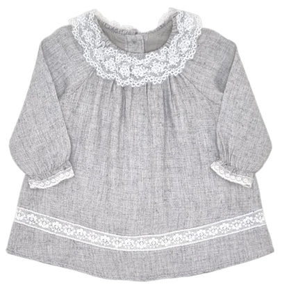 Robe bébé fille Tartine et Chocolat, gris à col dentelle, taille 3 mois, seconde main haut de gamme, vue de face