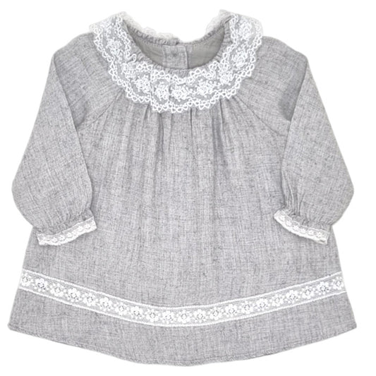 Robe bébé fille Tartine et Chocolat, gris à col dentelle, taille 3 mois, seconde main haut de gamme, vue de face