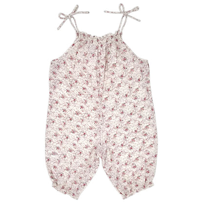 Salopette bébé beige en tissu Liberty Bonpoint, vue de dos, fille 6 mois