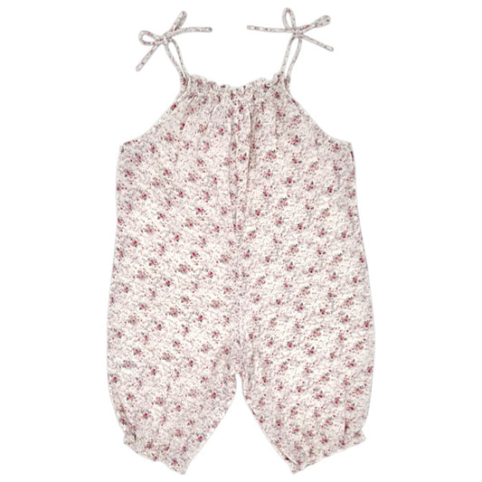 Salopette bébé beige en tissu Liberty Bonpoint, vue de dos, fille 6 mois