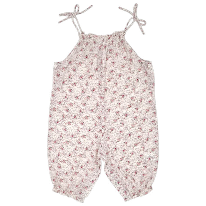 Salopette bébé fille Bonpoint, beige en tissu Liberty, taille 6 mois, seconde main haut de gamme, vue de face