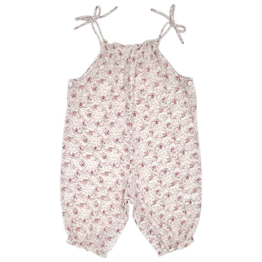 Salopette bébé fille Bonpoint, beige en tissu Liberty, taille 6 mois, seconde main haut de gamme, vue de face