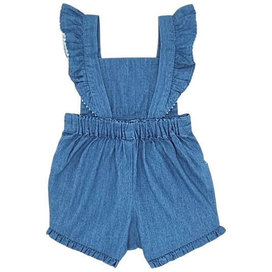 Salopette bébé bleu fleurs brodées Tartine et Chocolat, vue de dos, fille 3 mois