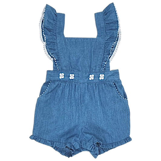 Salopette bébé fille Tartine et Chocolat, bleu fleurs brodées, taille 3 mois, seconde main haut de gamme, vue de face