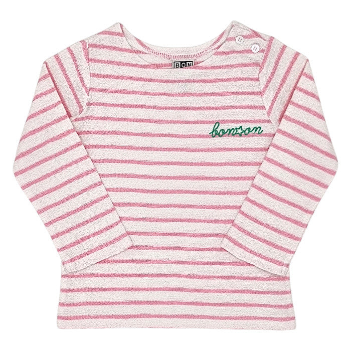 T-shirt bébé fille Bonton, écru/rose à rayures, taille 18 mois, seconde main haut de gamme, vue de face