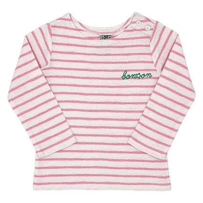 T-shirt bébé fille Bonton, écru/rose à rayures, taille 18 mois, seconde main haut de gamme, vue de face
