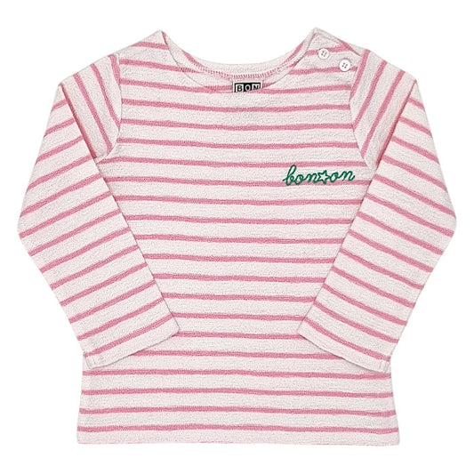 T-shirt bébé fille Bonton, écru/rose à rayures, taille 18 mois, seconde main haut de gamme, vue de face