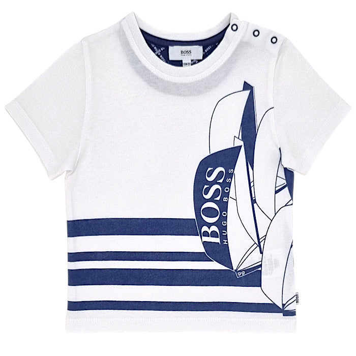T-shirt bébé garçon Boss Kidswear, blanc/bleu motif voilier, taille 18 mois, seconde main haut de gamme, vue de face