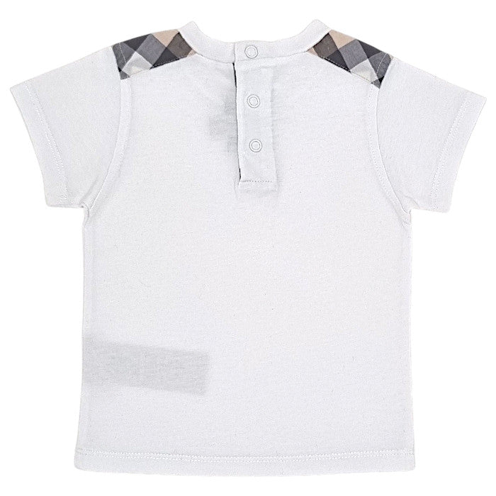 T-shirt bébé blanc détails motif tartan Burberry, vue de dos, mixte 6 mois