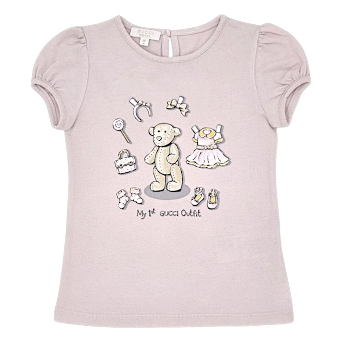 T-shirt bébé fille Gucci, rose motif teddy, taille 24 mois, seconde main luxe, vue de face