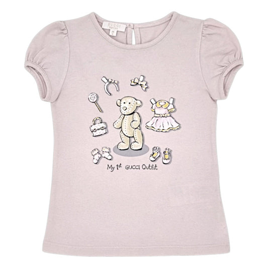 T-shirt bébé fille Gucci, rose motif teddy, taille 24 mois, seconde main luxe, vue de face