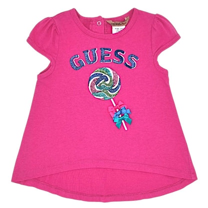 T-shirt bébé fille Guess Baby, rose motif sucette, taille 24 mois, seconde main premium, vue de face