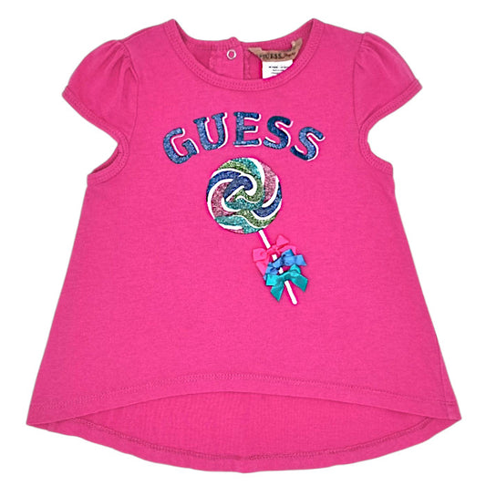 T-shirt bébé fille Guess Baby, rose motif sucette, taille 24 mois, seconde main premium, vue de face