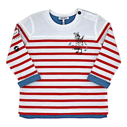 T-shirt bébé garçon blanc/bleu réversible, taille 12 mois, marque IKKS - seconde main premium