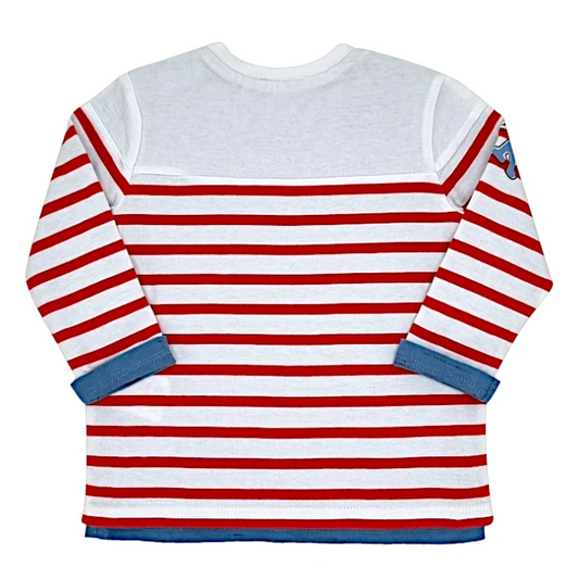 T-shirt bébé garçon IKKS 12 mois, blanc/bleu, doté de manches longues et d'un col rond