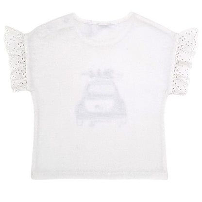 T-shirt bébé blanc motif voiture IKKS, vue de dos, fille 24 mois