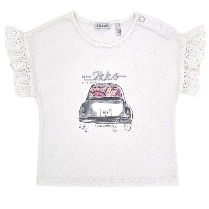T-shirt bébé fille IKKS Junior, blanc motif voiture, taille 24 mois, seconde main premium, vue de face
