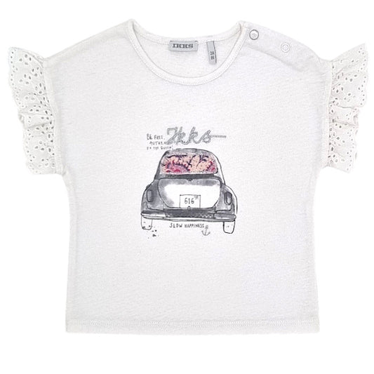T-shirt bébé fille IKKS Junior, blanc motif voiture, taille 24 mois, seconde main premium, vue de face
