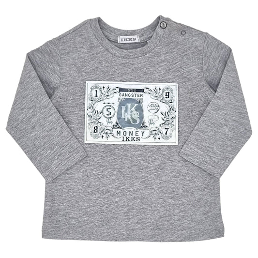 T-shirt bébé garçon gris motif billet logo, taille 6 mois, marque IKKS - seconde main premium