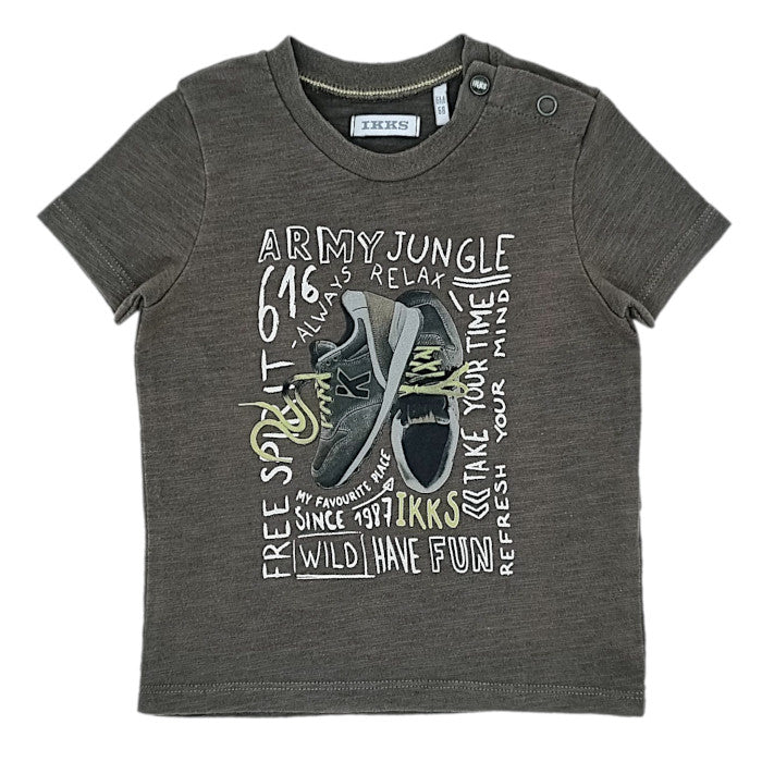T-shirt bébé garçon IKKS Junior, kaki message imprimé, taille 6 mois, seconde main premium, vue de face