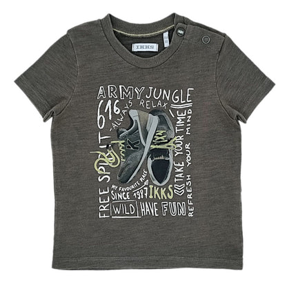 T-shirt bébé garçon IKKS Junior, kaki message imprimé, taille 6 mois, seconde main premium, vue de face