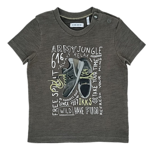 T-shirt bébé garçon IKKS Junior, kaki message imprimé, taille 6 mois, seconde main premium, vue de face