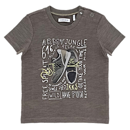 T-shirt bébé garçon IKKS Junior, kaki message imprimé, taille 6 mois, seconde main premium, vue de face
