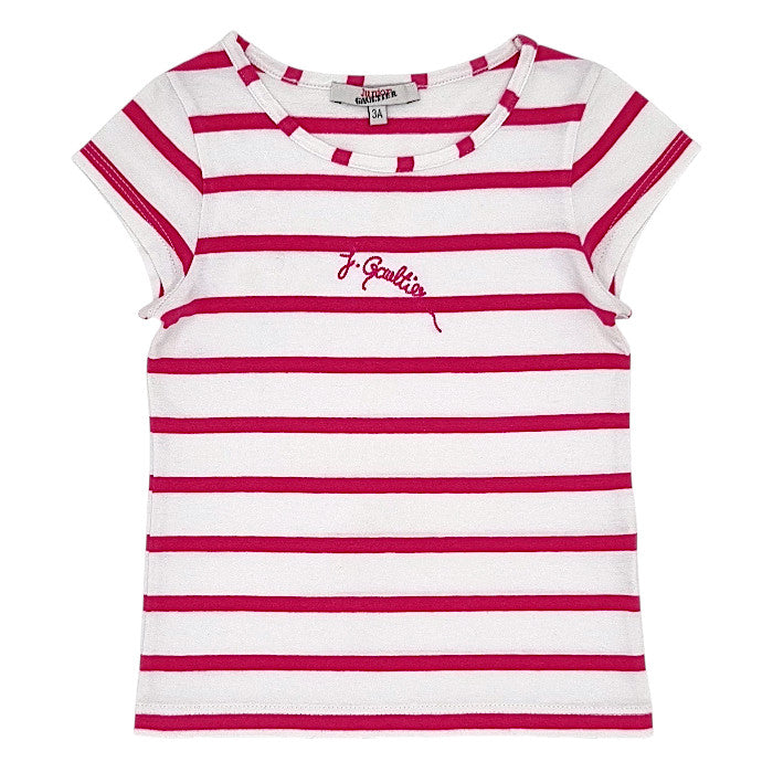 T-shirt bébé fille Gaultier Bébé, blanc/rose à rayures, taille 36 mois, seconde main luxe, vue de face