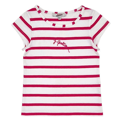 T-shirt bébé fille Gaultier Bébé, blanc/rose à rayures, taille 36 mois, seconde main luxe, vue de face