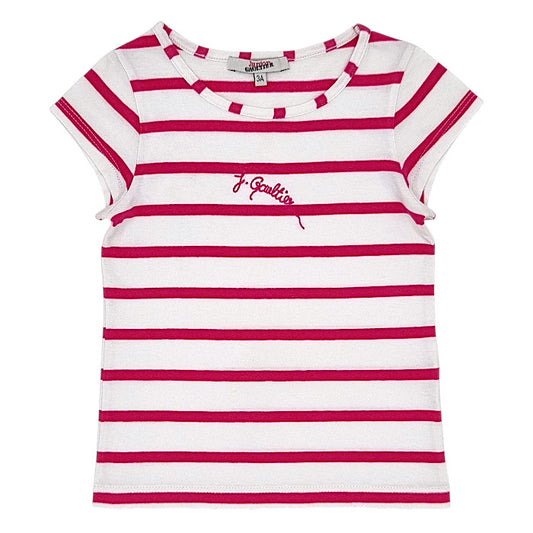 T-shirt bébé fille Gaultier Bébé, blanc/rose à rayures, taille 36 mois, seconde main luxe, vue de face