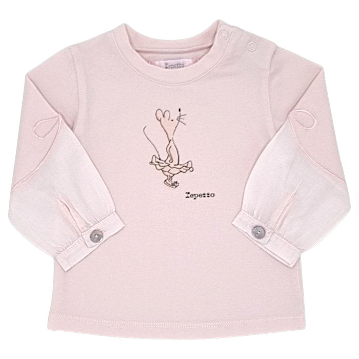 T-shirt bébé fille Repetto, rose motif souris, taille 3 mois, seconde main premium, vue de face