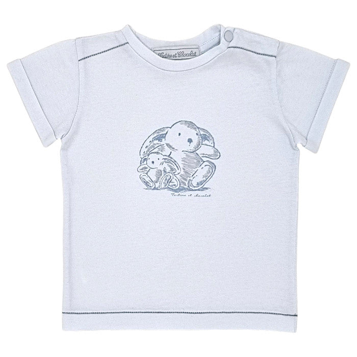 T-shirt bébé garçon Tartine et Chocolat, bleu ciel imprimé Augustin le lapin, taille 12 mois, seconde main haut de gamme, vue de face