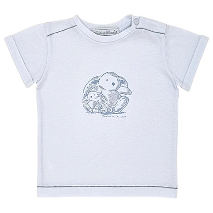T-shirt bébé garçon Tartine et Chocolat, bleu ciel imprimé Augustin le lapin, taille 12 mois, seconde main haut de gamme, vue de face
