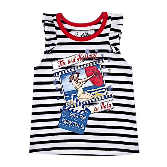T-shirt marine rayé, marque Guess, fille 12 mois, vue de face, mode bébé seconde main chic, vêtement en état impeccable