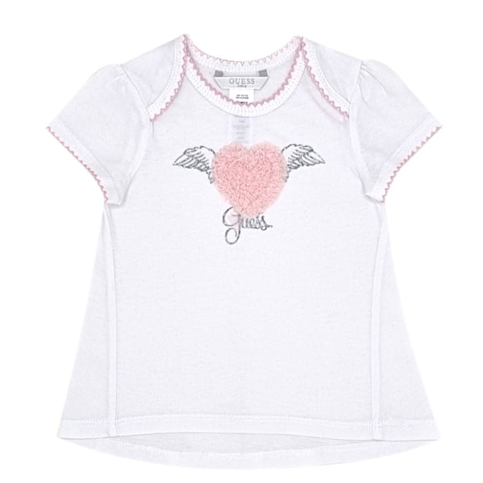 Tee-shirt blanc coeur manches courtes, Guess, bébé fille 6-9 mois, vue de face, vêtement seconde main de marque à petit prix