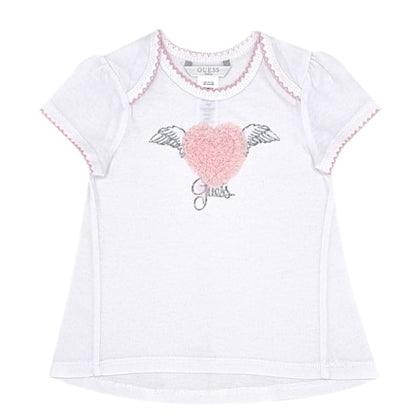 Tee-shirt blanc coeur manches courtes, Guess, bébé fille 6-9 mois, vue de face, vêtement seconde main de marque à petit prix
