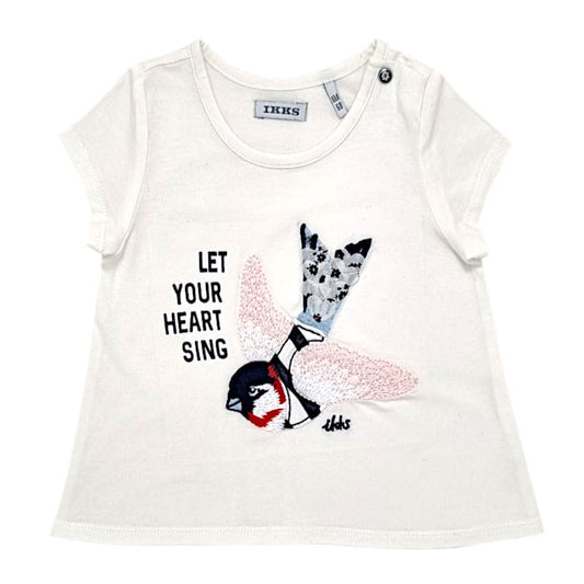 Tee-shirt fille 6 mois blanc patchwork oiseau - Vêtement bébé IKKS seconde main