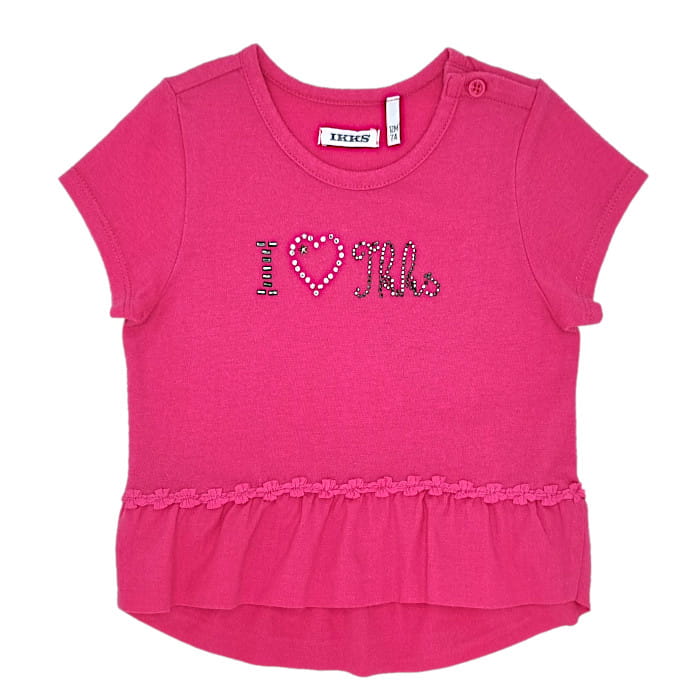 T-shirt rose, marque IKKS, pour bébé fille, 12 mois, vue de face, vêtement de seconde main mode