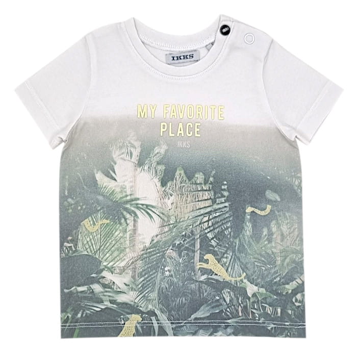 T-shirt blanc à message, marque IKKS, 6 mois, vue de face, vêtement bébé garçon de marque chic, seconde main