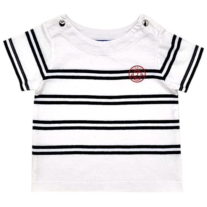 T-shirt blanc rayé manches courtes, marque Jacadi, pour bébé garçon, vue de face, vêtement tendance d'occasion