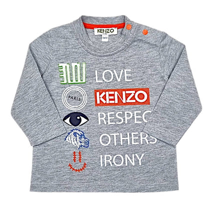 T-shirt gris chiné manches longues, Kenzo, pour bébé garçon 6 mois, vue de face, vêtement de marque luxe