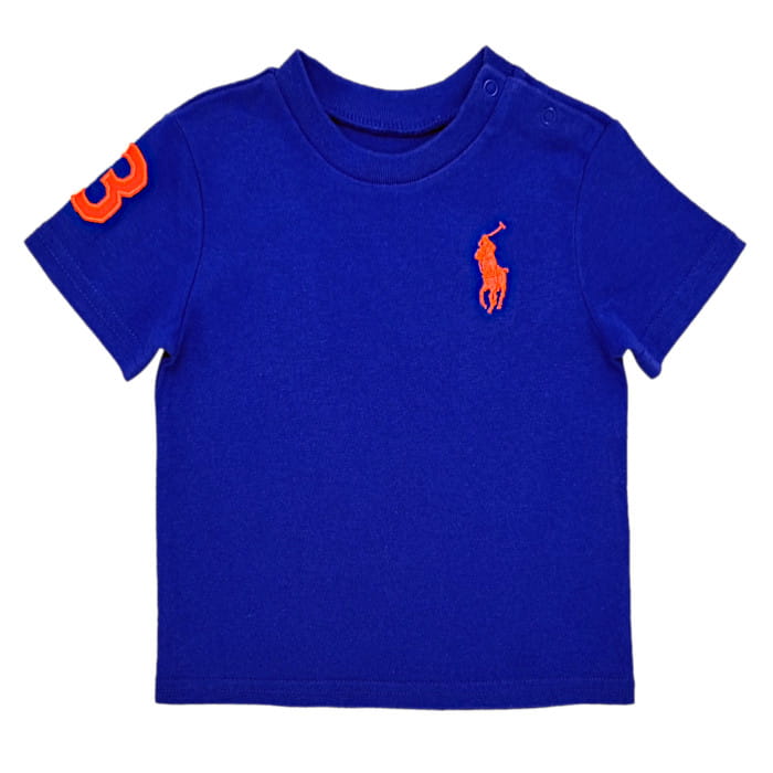 T-shirt bleu, marque Ralph Lauren, pour bébé garçon, 6 mois, vue de face, vêtement de créateur seconde main 