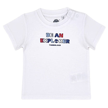 Tee-shirt blanc manches courtes, garçon 3 mois, vue de face, vêtement bébé Timberland de seconde main, en état excellent à petit prix